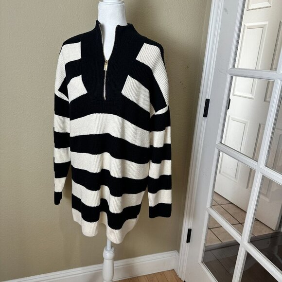 EXPRESS Nautical Black & White Stripe Quarter Zip Sweater Size Medium - Picture 2 of 11